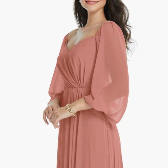 Dessy Collection Convertible Neck Long Sleeve Chiffon Gown Dessert Rose … - Picture 2 of 11